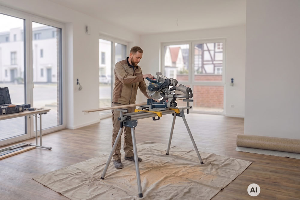 Fachpersonal verlegt Bodenbelag in Neubau